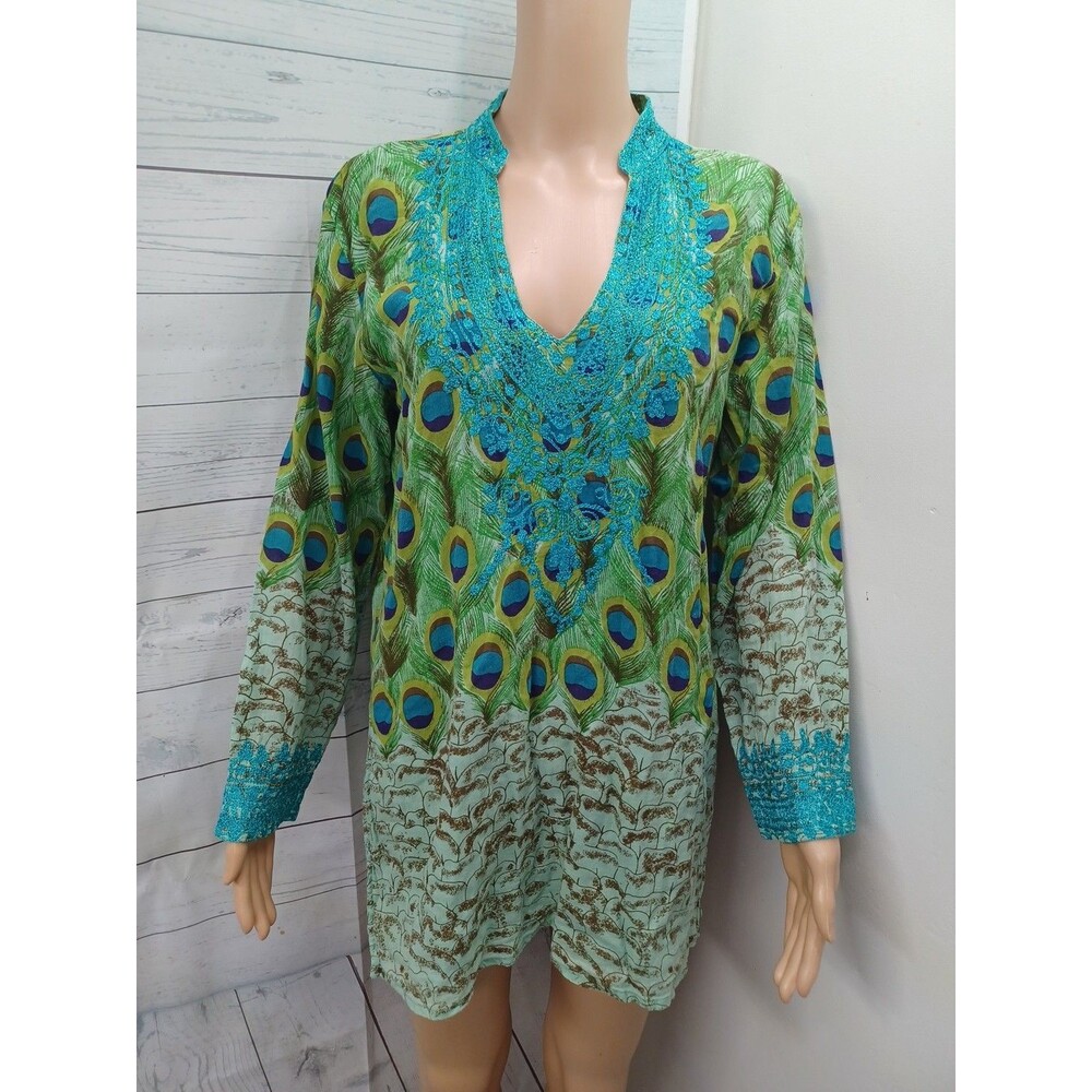 Sol Embroidered Tunic Shirt Peacock Peasant Boho 100% Cotton Turquoise Sz S